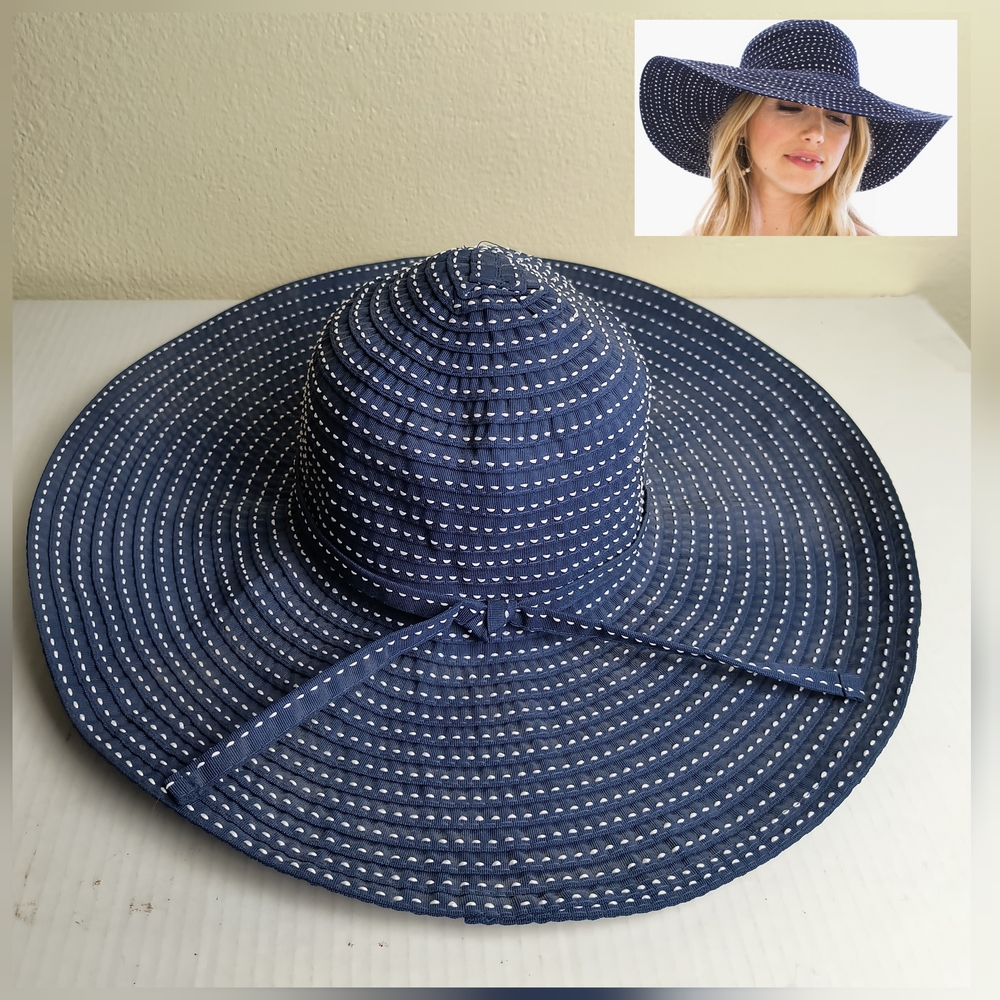 Sun N Sand Navy and White Polka Ribbon Stitching Wide Brim Hat Roll Up